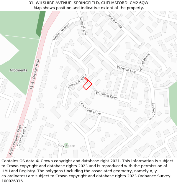 31, WILSHIRE AVENUE, SPRINGFIELD, CHELMSFORD, CM2 6QW: Location map and indicative extent of plot