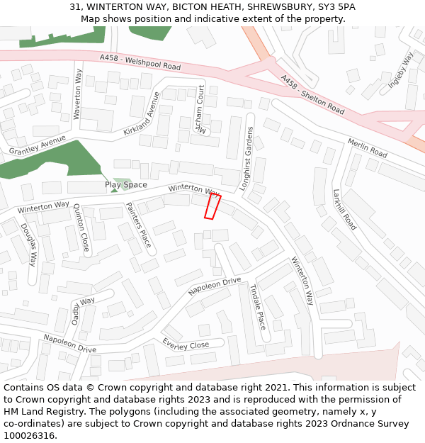 31, WINTERTON WAY, BICTON HEATH, SHREWSBURY, SY3 5PA: Location map and indicative extent of plot