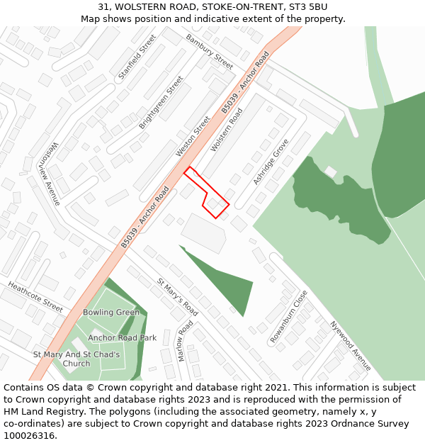 31, WOLSTERN ROAD, STOKE-ON-TRENT, ST3 5BU: Location map and indicative extent of plot