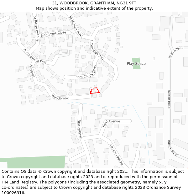 31, WOODBROOK, GRANTHAM, NG31 9FT: Location map and indicative extent of plot