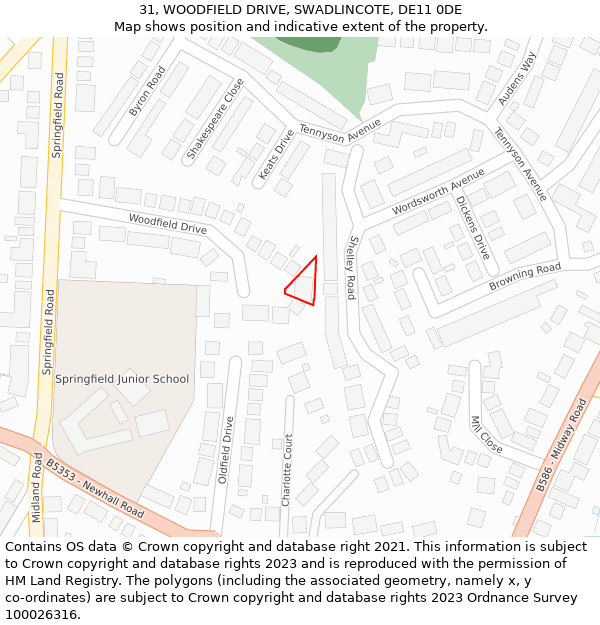 31, WOODFIELD DRIVE, SWADLINCOTE, DE11 0DE: Location map and indicative extent of plot