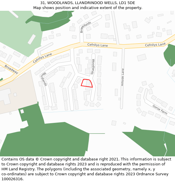 31, WOODLANDS, LLANDRINDOD WELLS, LD1 5DE: Location map and indicative extent of plot