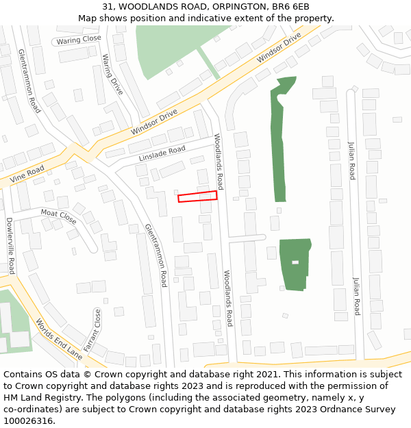 31, WOODLANDS ROAD, ORPINGTON, BR6 6EB: Location map and indicative extent of plot