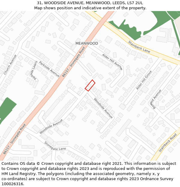 31, WOODSIDE AVENUE, MEANWOOD, LEEDS, LS7 2UL: Location map and indicative extent of plot