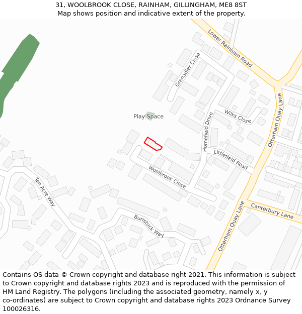 31, WOOLBROOK CLOSE, RAINHAM, GILLINGHAM, ME8 8ST: Location map and indicative extent of plot