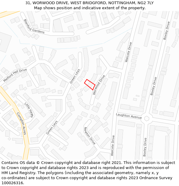 31, WORWOOD DRIVE, WEST BRIDGFORD, NOTTINGHAM, NG2 7LY: Location map and indicative extent of plot