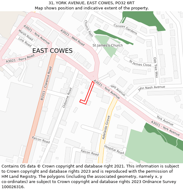 31, YORK AVENUE, EAST COWES, PO32 6RT: Location map and indicative extent of plot