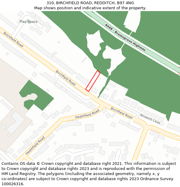 310, BIRCHFIELD ROAD, REDDITCH, B97 4NG: Location map and indicative extent of plot