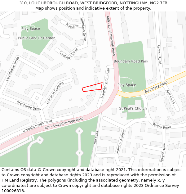 310, LOUGHBOROUGH ROAD, WEST BRIDGFORD, NOTTINGHAM, NG2 7FB: Location map and indicative extent of plot
