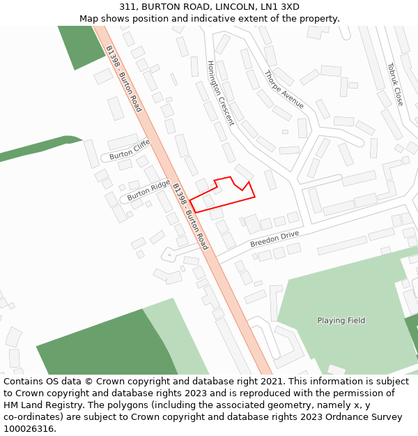 311, BURTON ROAD, LINCOLN, LN1 3XD: Location map and indicative extent of plot