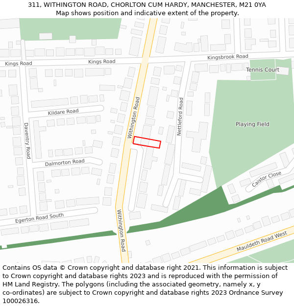 311, WITHINGTON ROAD, CHORLTON CUM HARDY, MANCHESTER, M21 0YA: Location map and indicative extent of plot