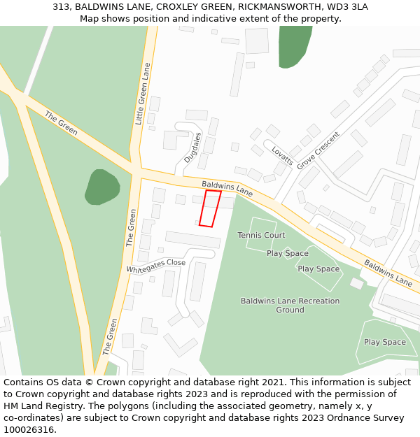 313, BALDWINS LANE, CROXLEY GREEN, RICKMANSWORTH, WD3 3LA: Location map and indicative extent of plot