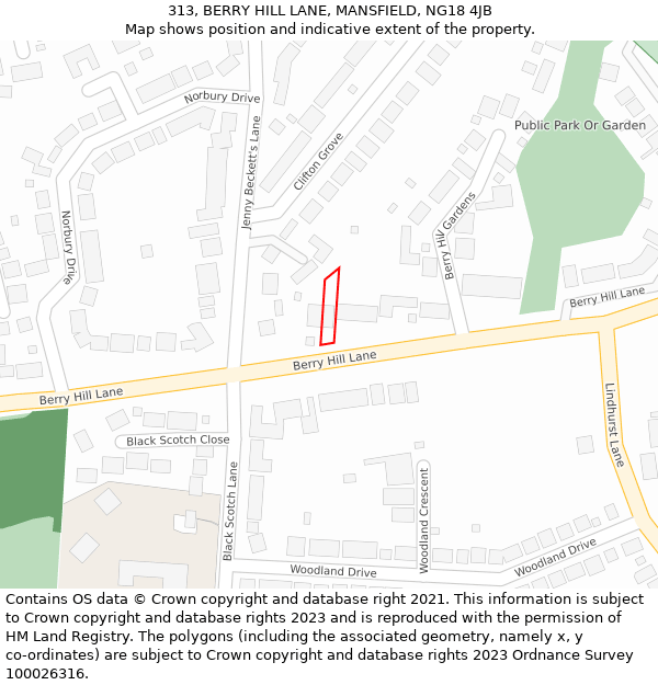 313, BERRY HILL LANE, MANSFIELD, NG18 4JB: Location map and indicative extent of plot