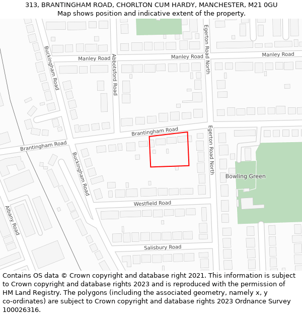 313, BRANTINGHAM ROAD, CHORLTON CUM HARDY, MANCHESTER, M21 0GU: Location map and indicative extent of plot