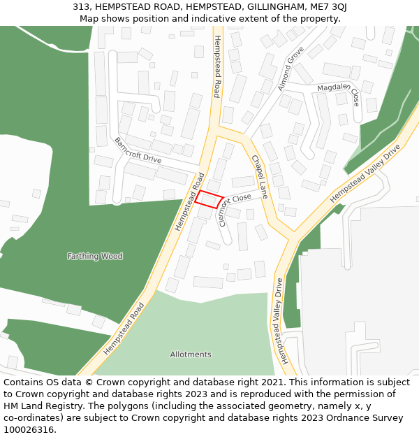 313, HEMPSTEAD ROAD, HEMPSTEAD, GILLINGHAM, ME7 3QJ: Location map and indicative extent of plot