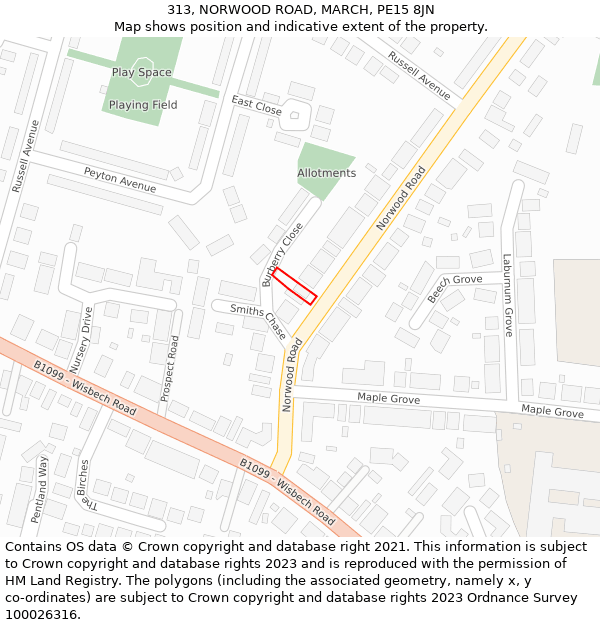 313, NORWOOD ROAD, MARCH, PE15 8JN: Location map and indicative extent of plot