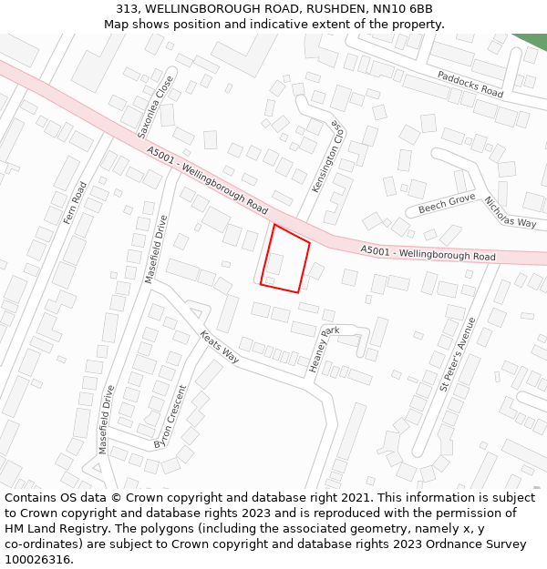 313, WELLINGBOROUGH ROAD, RUSHDEN, NN10 6BB: Location map and indicative extent of plot