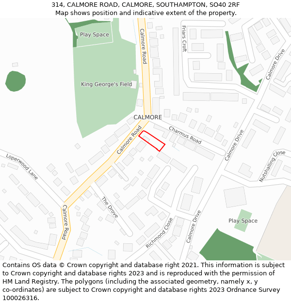 314, CALMORE ROAD, CALMORE, SOUTHAMPTON, SO40 2RF: Location map and indicative extent of plot