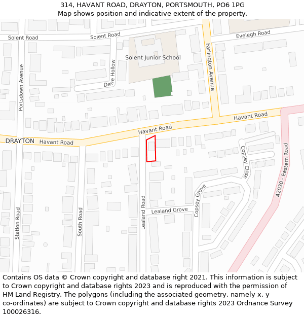 314, HAVANT ROAD, DRAYTON, PORTSMOUTH, PO6 1PG: Location map and indicative extent of plot