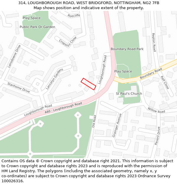 314, LOUGHBOROUGH ROAD, WEST BRIDGFORD, NOTTINGHAM, NG2 7FB: Location map and indicative extent of plot