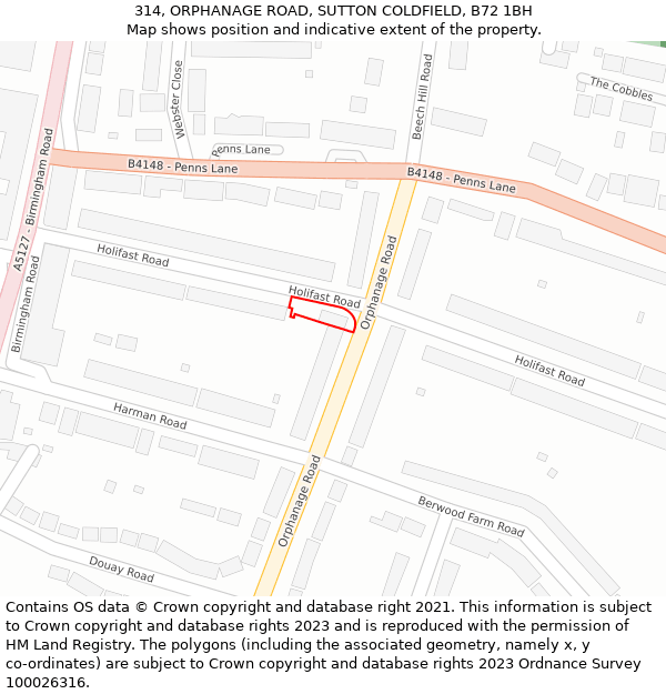 314, ORPHANAGE ROAD, SUTTON COLDFIELD, B72 1BH: Location map and indicative extent of plot