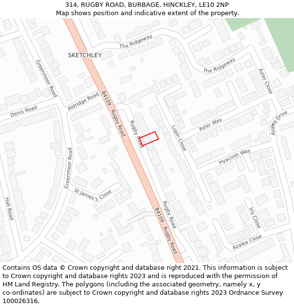 314, RUGBY ROAD, BURBAGE, HINCKLEY, LE10 2NP: Location map and indicative extent of plot