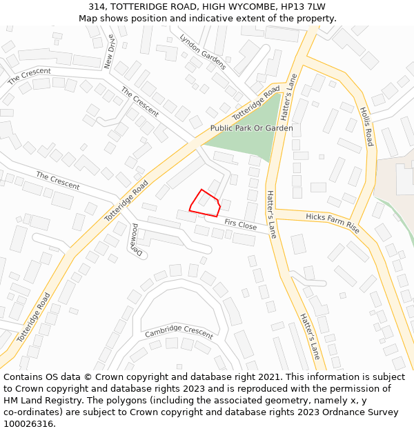 314, TOTTERIDGE ROAD, HIGH WYCOMBE, HP13 7LW: Location map and indicative extent of plot