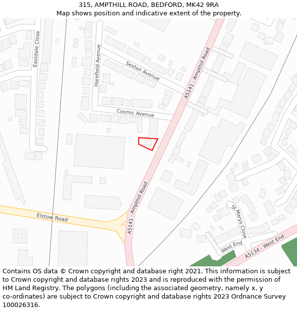 315, AMPTHILL ROAD, BEDFORD, MK42 9RA: Location map and indicative extent of plot