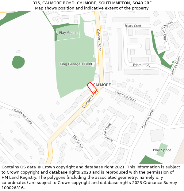 315, CALMORE ROAD, CALMORE, SOUTHAMPTON, SO40 2RF: Location map and indicative extent of plot