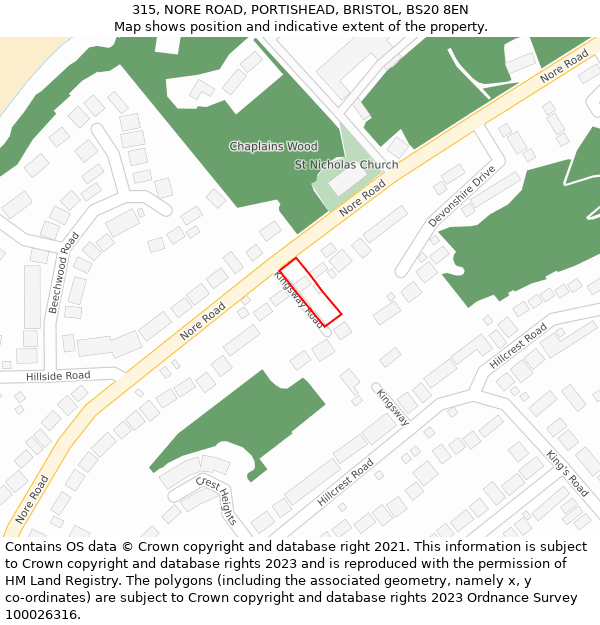 315, NORE ROAD, PORTISHEAD, BRISTOL, BS20 8EN: Location map and indicative extent of plot