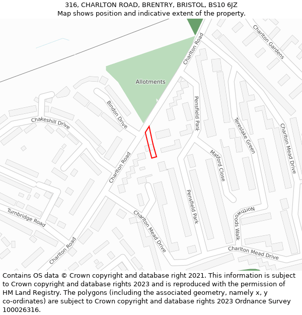 316, CHARLTON ROAD, BRENTRY, BRISTOL, BS10 6JZ: Location map and indicative extent of plot