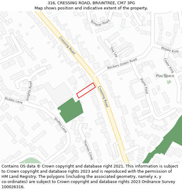 316, CRESSING ROAD, BRAINTREE, CM7 3PG: Location map and indicative extent of plot