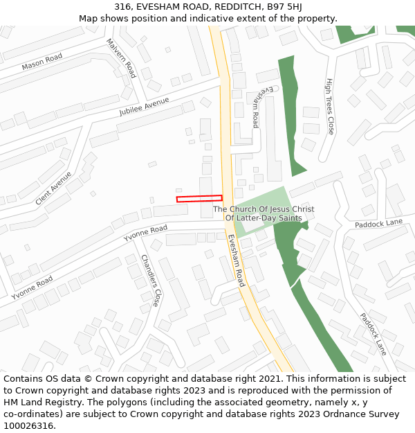 316, EVESHAM ROAD, REDDITCH, B97 5HJ: Location map and indicative extent of plot