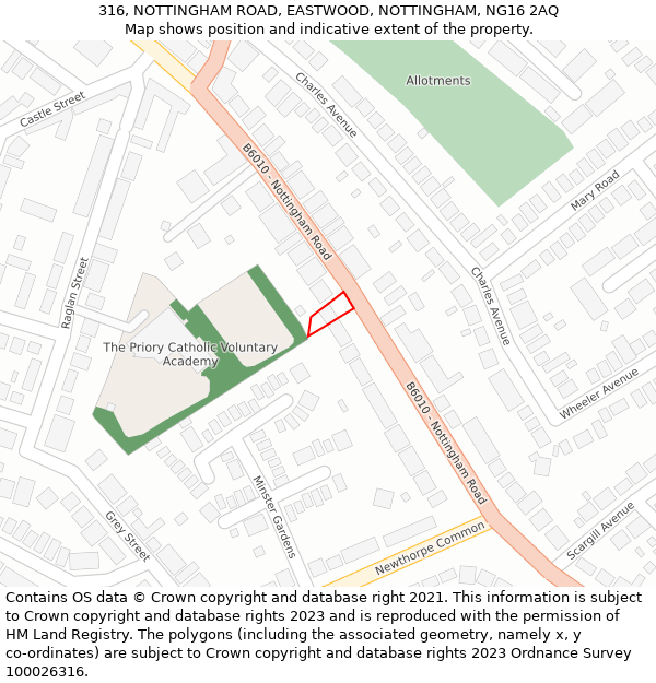 316, NOTTINGHAM ROAD, EASTWOOD, NOTTINGHAM, NG16 2AQ: Location map and indicative extent of plot