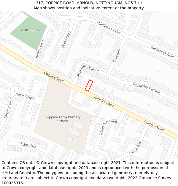 317, COPPICE ROAD, ARNOLD, NOTTINGHAM, NG5 7HH: Location map and indicative extent of plot