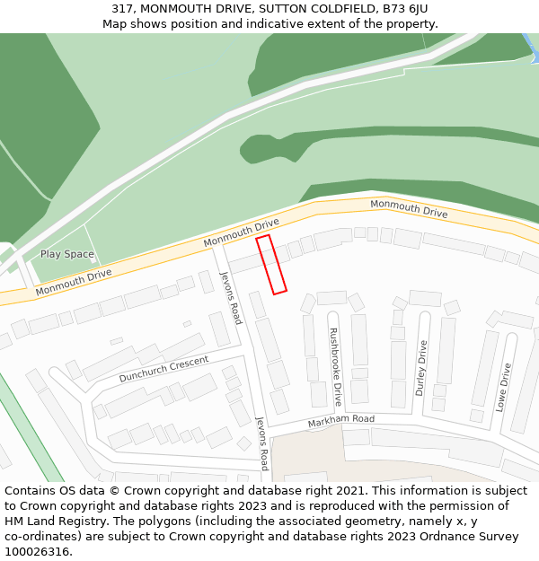 317, MONMOUTH DRIVE, SUTTON COLDFIELD, B73 6JU: Location map and indicative extent of plot