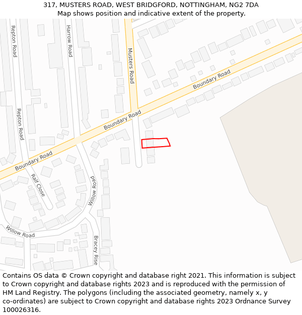 317, MUSTERS ROAD, WEST BRIDGFORD, NOTTINGHAM, NG2 7DA: Location map and indicative extent of plot