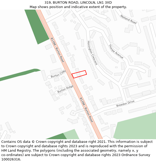 319, BURTON ROAD, LINCOLN, LN1 3XD: Location map and indicative extent of plot