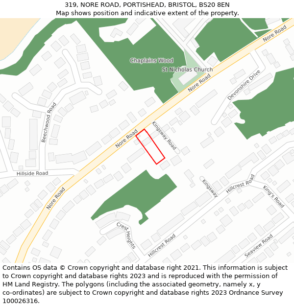 319, NORE ROAD, PORTISHEAD, BRISTOL, BS20 8EN: Location map and indicative extent of plot