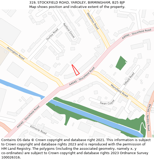 319, STOCKFIELD ROAD, YARDLEY, BIRMINGHAM, B25 8JP: Location map and indicative extent of plot