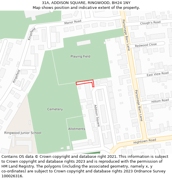 31A, ADDISON SQUARE, RINGWOOD, BH24 1NY: Location map and indicative extent of plot