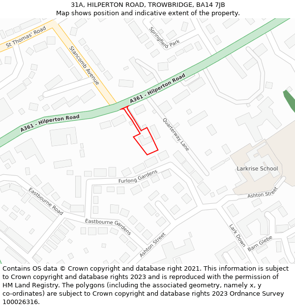 31A, HILPERTON ROAD, TROWBRIDGE, BA14 7JB: Location map and indicative extent of plot