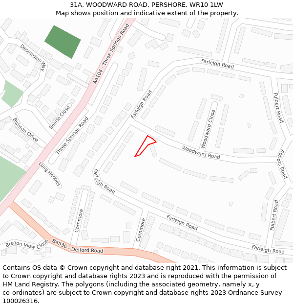 31A, WOODWARD ROAD, PERSHORE, WR10 1LW: Location map and indicative extent of plot