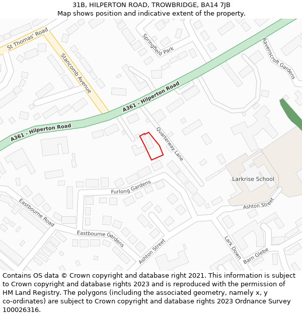 31B, HILPERTON ROAD, TROWBRIDGE, BA14 7JB: Location map and indicative extent of plot