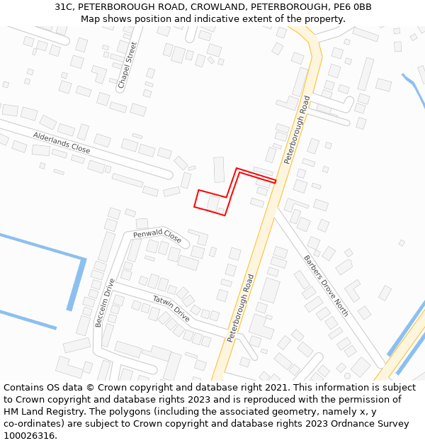 31C, PETERBOROUGH ROAD, CROWLAND, PETERBOROUGH, PE6 0BB: Location map and indicative extent of plot