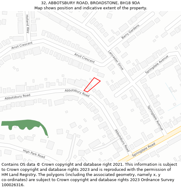 32, ABBOTSBURY ROAD, BROADSTONE, BH18 9DA: Location map and indicative extent of plot