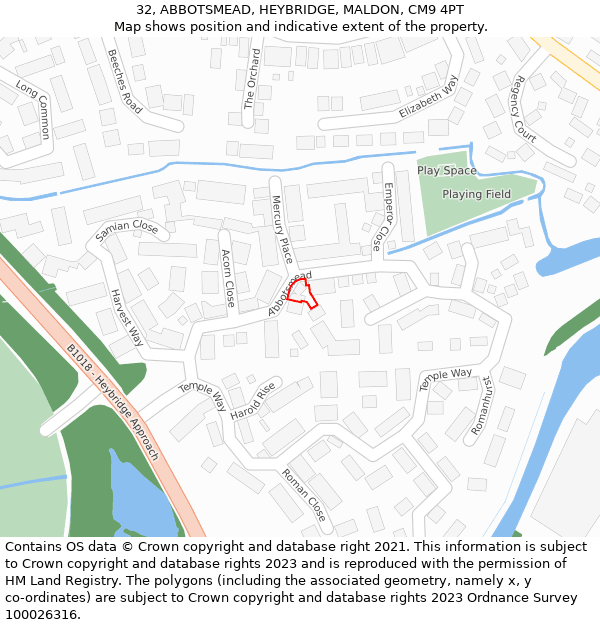 32, ABBOTSMEAD, HEYBRIDGE, MALDON, CM9 4PT: Location map and indicative extent of plot