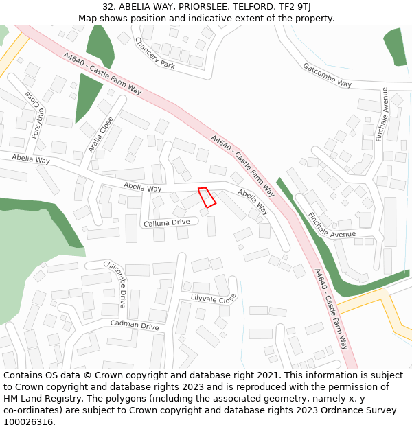 32, ABELIA WAY, PRIORSLEE, TELFORD, TF2 9TJ: Location map and indicative extent of plot