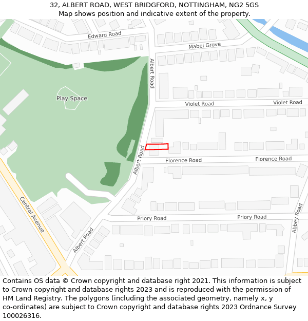 32, ALBERT ROAD, WEST BRIDGFORD, NOTTINGHAM, NG2 5GS: Location map and indicative extent of plot