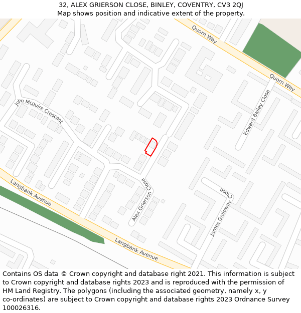 32, ALEX GRIERSON CLOSE, BINLEY, COVENTRY, CV3 2QJ: Location map and indicative extent of plot